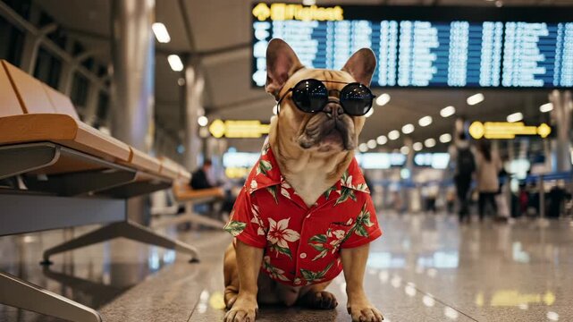 Bulldog wearing sunglasses sits in airport terminal. French bulldog in Hawaiian shirt at airport. Tourist dog with sunglasses waits in terminal. Bulldog traveler at departure gate. Pet in airport.