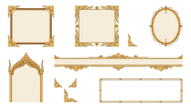 Set of thai traditional gold border frames and decorative elements isolated on white background