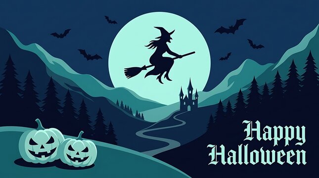 A spooky halloween scene with a silhouette of a witch flying in front of a full moon and jack o lanterns