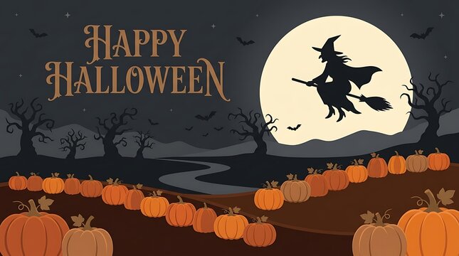 Festive halloween scene with a silhouetted witch flying in front of a full moon and pumpkin patch