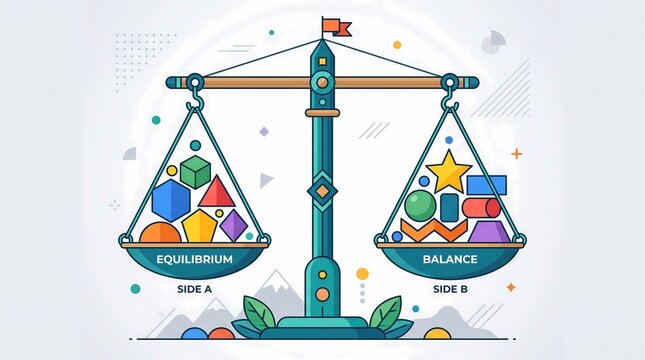 Balanced scale with abstract shapes representing equality illustration