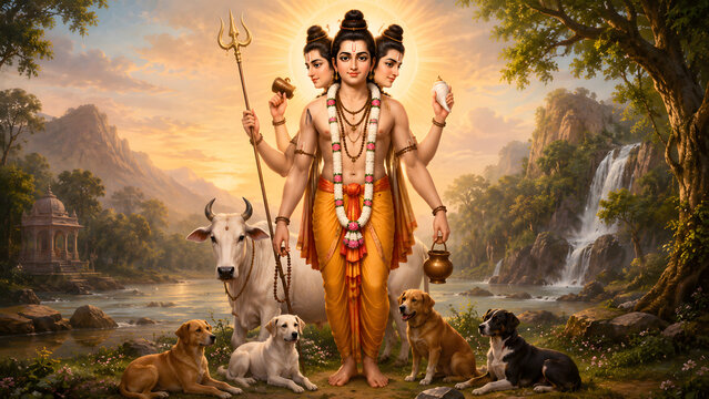 Dattatreya Spiritual Illustration Featuring Lord Dattatreya with Three Faces and Sacred Animals in a Serene Nature Landscape Setting