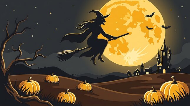 A silhouetted witch flies across a bright full moon with pumpkins and a spooky haunted house below