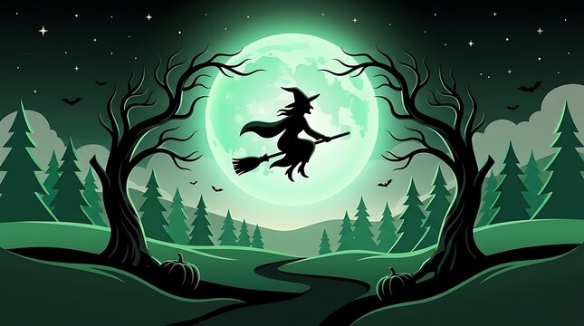 A silhouetted witch flies on a broomstick beneath a full moon in a spooky forest landscape at night
