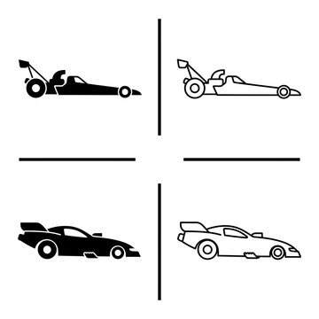 Set of black and white drag racing car icons and silhouettes