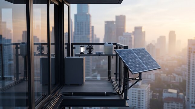 Apartment balcony with solar panel portable power station and a cityscape in background showcasing urban sustainable energy solutions.