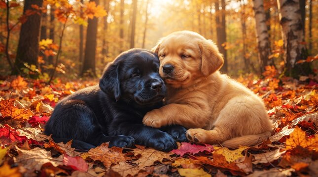 Adorable Black and Yellow Labrador Puppies Cuddling on a Bed of Vibrant Autumn Leaves in a Sunlit Forest &ndash; Heartwarming Pet Friendship and Fall Nature Concept