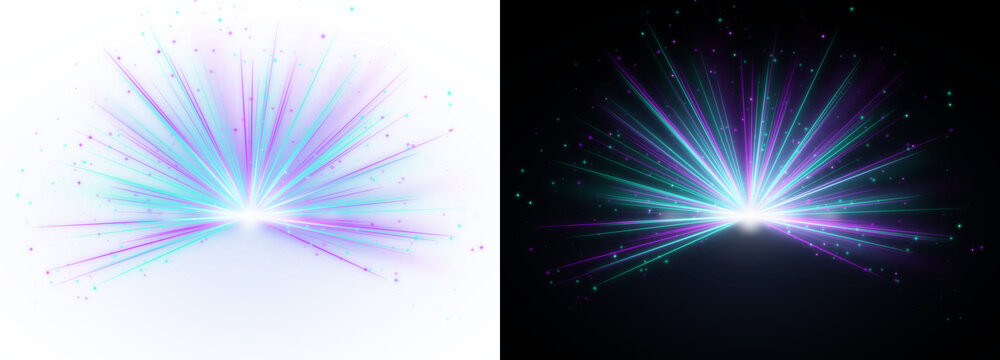 A vibrant burst of radiating light streaks with sparkling particles appears on transparent background radiance sparkle glow illumination emission streak particle spectrum shimmer glitter