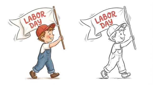 Cute cartoon boy holding a flag celebrating labour day with a colored version and a black and white outline