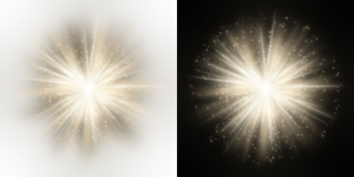 Radiant starbursts with glittering particles create a luminous effect on transparent background sparkle glimmer radiance illumination shimmer glow burst star light particle vector graphic