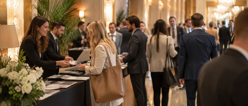 Business conference registration desk with attendees receiving materials