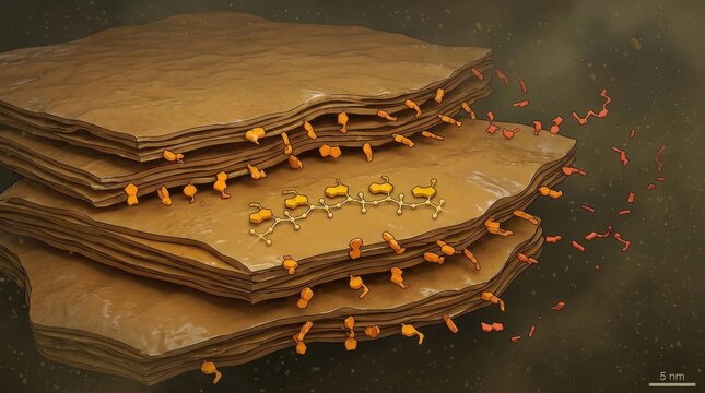 Montmorillonite clay mineral sheets acting as inorganic chemical scaffolding, demonstrating abiogenesis during prebiotic origin of life.