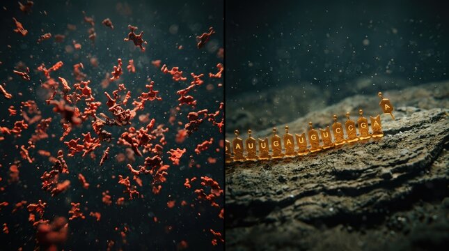 Prebiotic rna nucleotide sequence aligning on a primordial mineral substrate, demonstrating the origin of life through abiogenesis, showing montmorillonite clay template catalysis under deep sea.