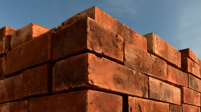Red Brick Wall Corner with Rough Texture and Blue Sky Background