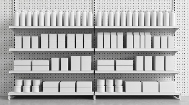 Empty White Retail Store Shelves Mockup with Blank Packaging and Bottles