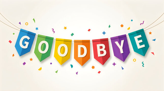 Colorful 'Goodbye' banner with confetti in bright daylight for farewell celebrations