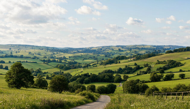 Serene landscape of rolling hills and green fields with a winding road leading to the distance