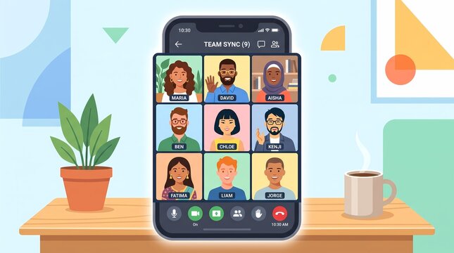 Smartphone screen showing diverse virtual meeting grid illustration