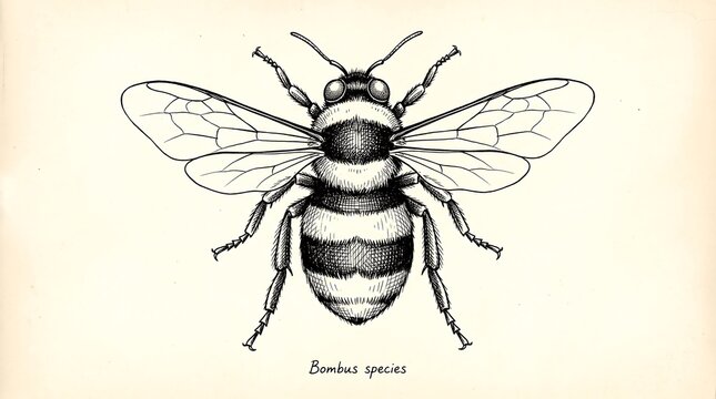 Vintage bumblebee scientific illustration, antique honey bee sketch on aged paper, Bombus species entomology drawing for nature decor