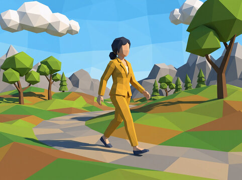 Businesswoman walking on a path in a stylized low poly 3D landscape environment.