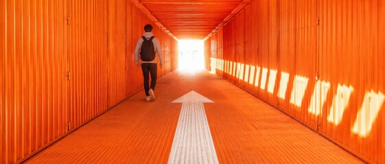 Fototapeta premium Person walking down an orange tunnel with a large white arrow on the floor