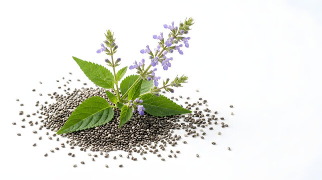 Pile of raw black chia seeds with flowering salvia hispanica plant branch hispanica flowering superfood nutrition botanical ingredient vegetarian scattered agriculture cultivation wellness