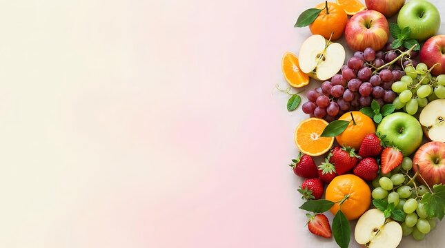 Flat lay arrangement of fresh mixed fruits on a soft light pastel background with empty copy space