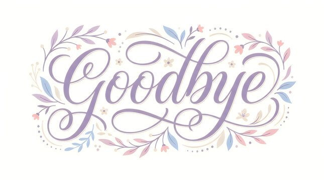 Elegant script 'Goodbye' with delicate floral wreath in soft pastel colors against white background