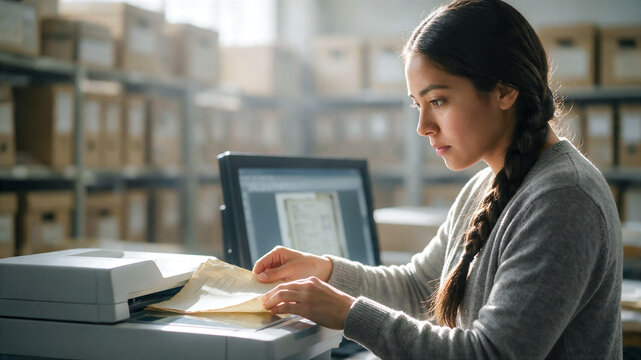 paralegal works with documents in an archive, copying them into a digital archive, poster of a young Native American legal assistant in the archives of a probate law firm, copy space for text