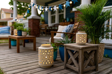 Obraz premium Festive Juneteenth yard sale setup featuring decorative lanterns, potted plants and secondhand furniture, suburban front porch, realistic lifestyle atmosphere, perfect for modern design, travel, or