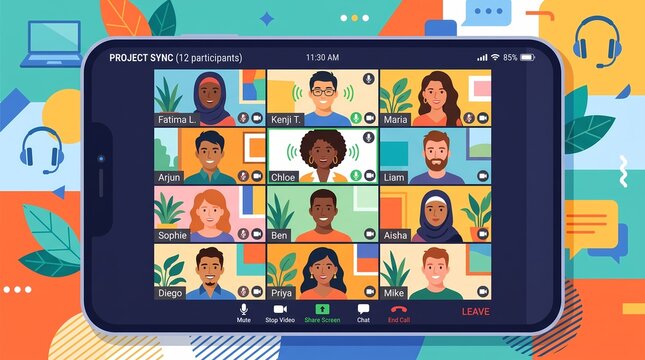 Smartphone screen showing diverse virtual meeting grid illustration