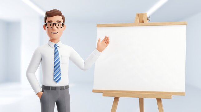 3D cartoon businessman presenting blank whiteboard, professional male character with empty easel board, corporate teacher in office