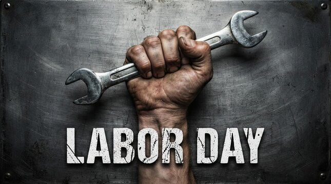 Gritty industrial worker hand holding a metal wrench celebrating the annual national holiday of labor day