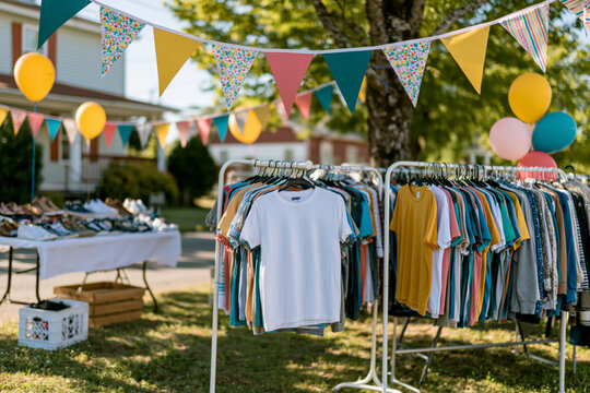Spectacular and vivid representation of Juneteenth yard sale with organized racks of secondhand clothing and shoes, decorative flags and balloons creating a welcoming atmosphere, clean residential