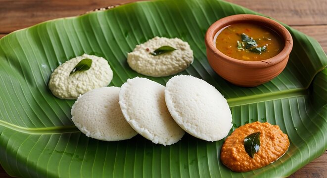 Traditional South Indian breakfast idli served with spicy sambar and fresh coconut chutney on a green banana leaf