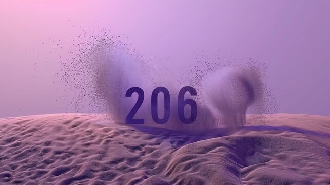Abstract digital art of number "206" on textured surface with dust clouds, purple tones