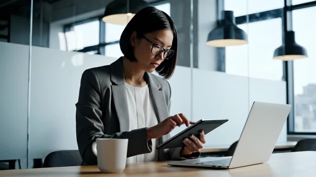 Businesswoman works with tablet and laptop at office desk. Woman uses tablet near laptop with coffee. Businesswoman at desk with tablet device. Office work with laptop and tablet technology.