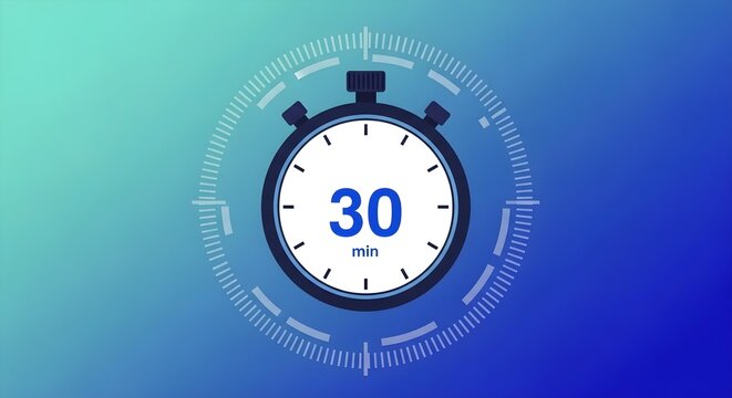 A stopwatch showing 30 minutes on a blue gradient background with a circular timer graphic.