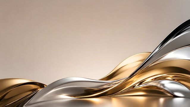 Silver and gold metallic waves create an abstract fluid form against a neutral backdrop