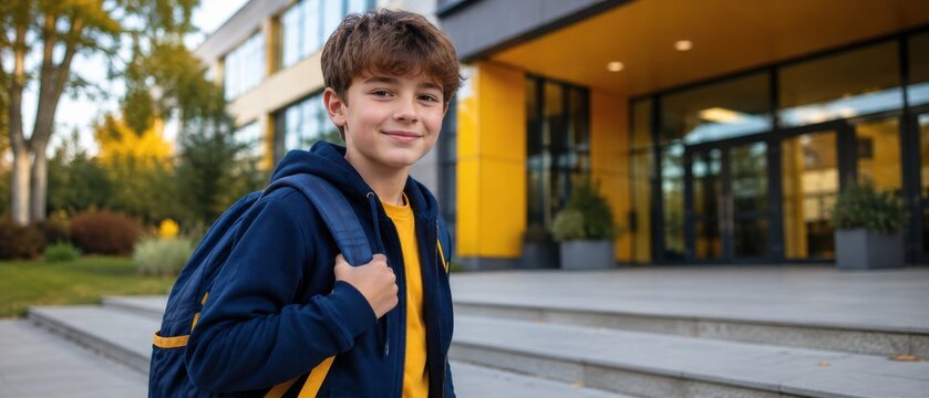 Smiling young student with backpack ready for school in front of modern building