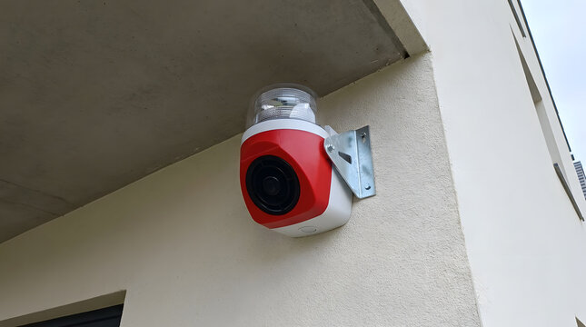 outdoor home security alarm siren with strobe light | wall mounted emergency siren for smart home | burglar alarm system component on building facade | red and white exterior siren