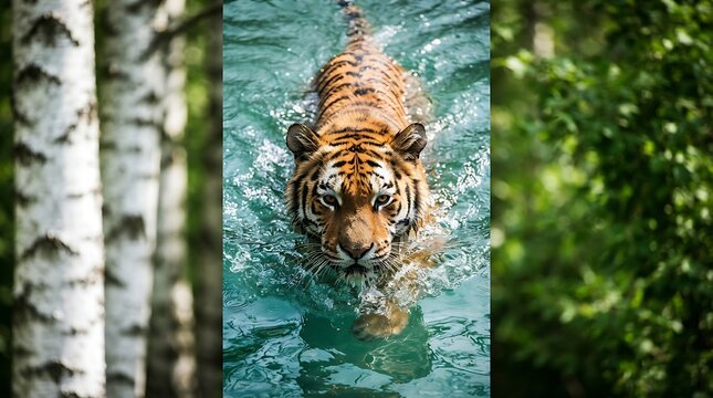 Amur tiger swimming underwater in clear river with forest background