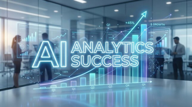AI analytics success visualized with futuristic glowing charts and business people