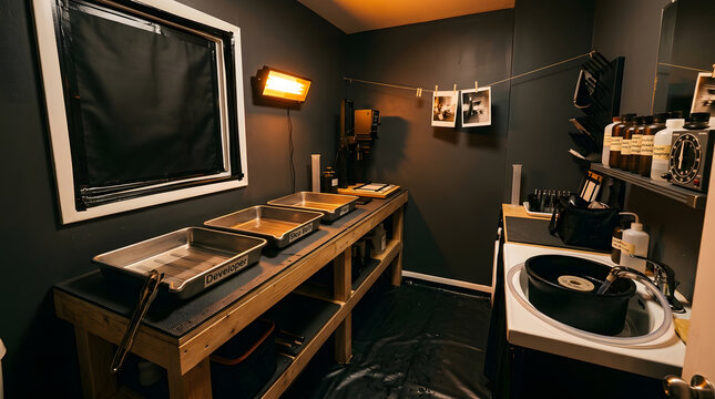 Professional photography darkroom setup | Developing film prints at home | Analog photography processing room | Darkroom equipment with enlarger and chemicals
