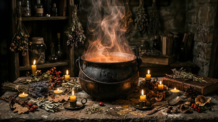 Fototapeta premium Witchcraft cauldron brewing magic potion during a spooky holi day
