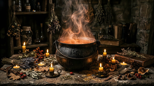 Witchcraft cauldron brewing magic potion during a spooky holi day