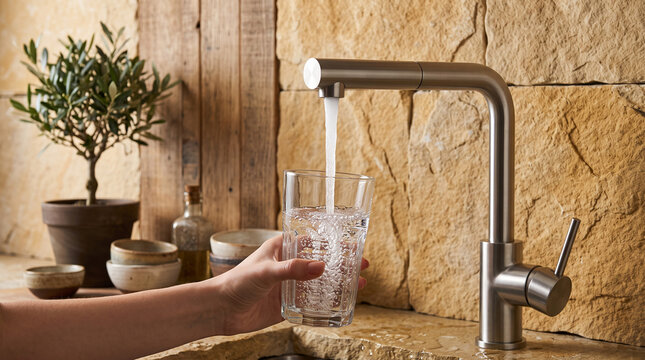 Fresh Drinking clean Water Flowing from Modern Kitchen Faucet into Glass at Home 
