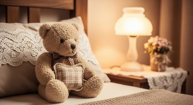 Cozy Teddy Bear Companion Resting on Bedside Table Lamps Light Soft