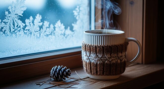 Cozy Winter Morning Warm Beverage By Frosted Window