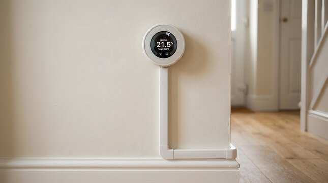 Modern smart home thermostat installation | Energy efficient home heating control system | Digital wall mounted temperature controller | Interior wall wire trunking for smart devices
